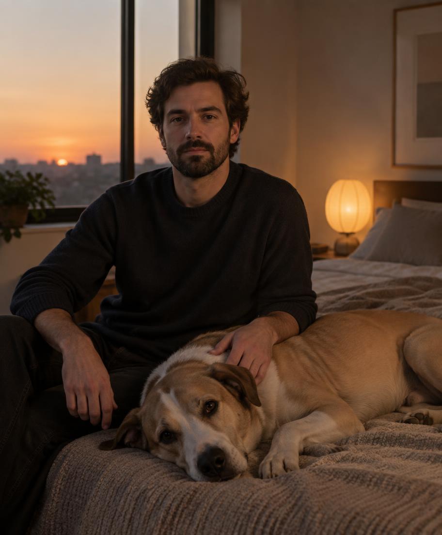 Daniel sitting calmly beside his rescue dog resting on the bed